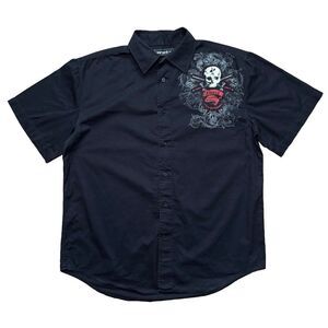 Vintage Y2K Avirex Size L Short Sleeve Button Up Mens Shirt Black Skull